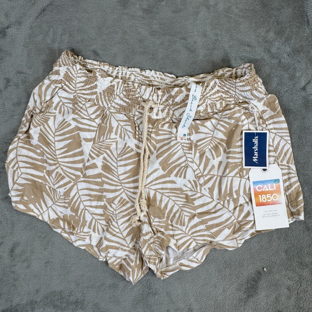 NWT Cali 1850 Los Angeles Linen Blend Tropical Palm Beach Shorts Tan White Large